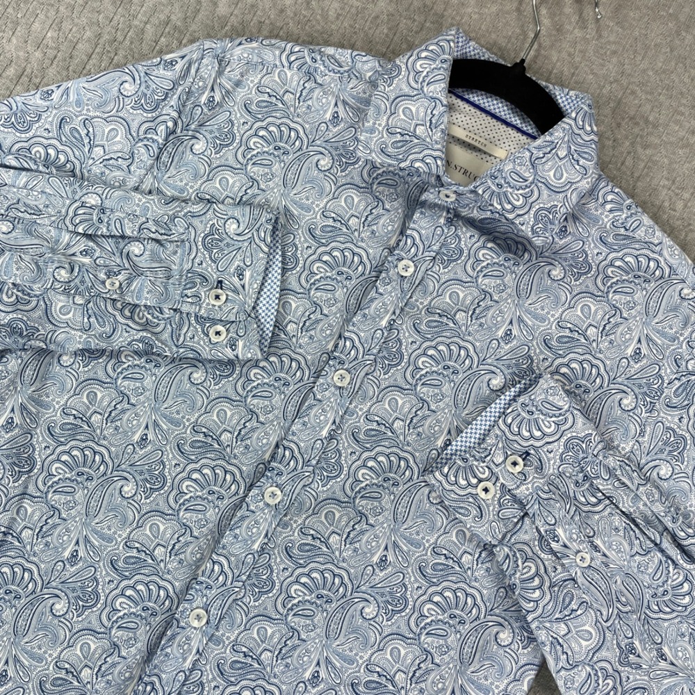 Con.struct Button up Shirt Men S 14.5 32-33 Blue White Paisley Slim Fit Stretch
